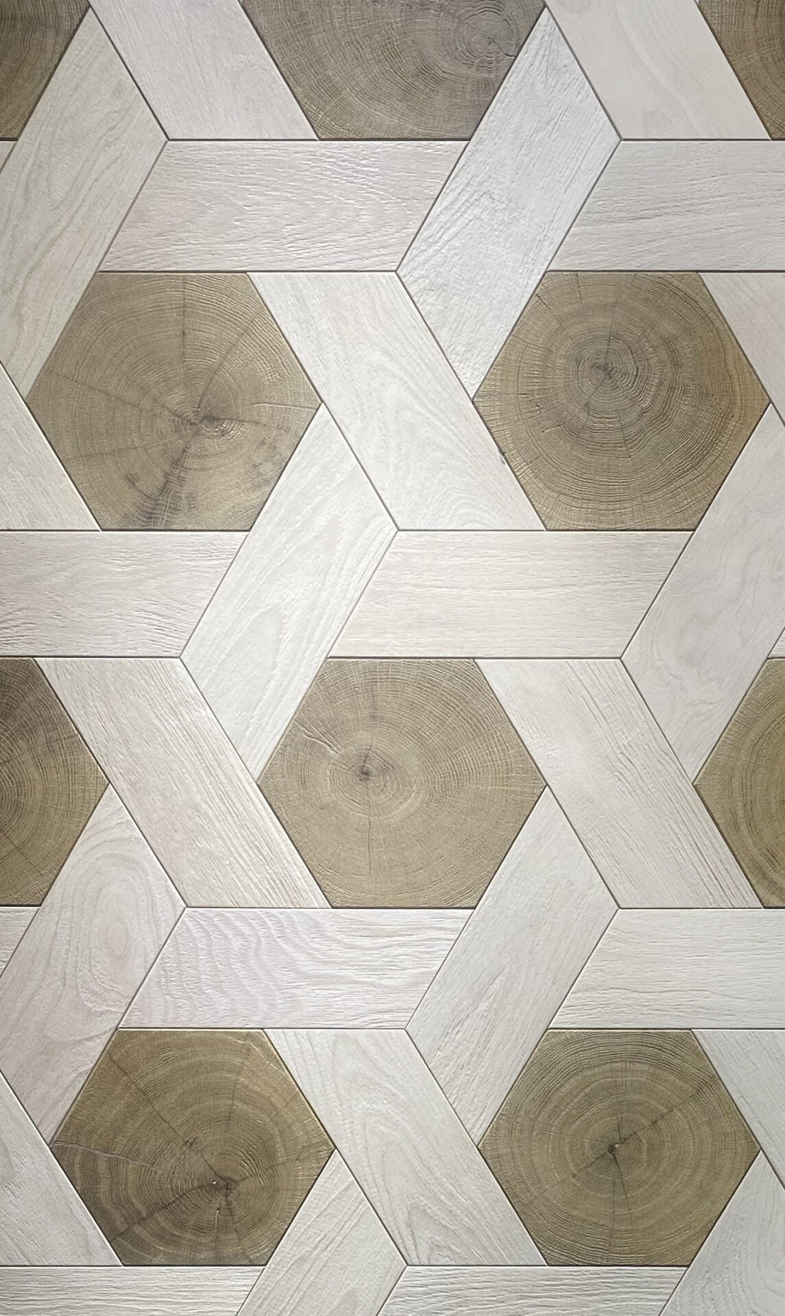Hexagonal geometric end grain wood flooring pattern for architectural statement floors