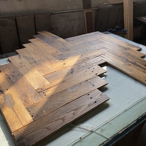 Reclaimed old pallet wood flooring with rustic texture