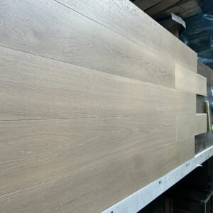 Linen Beige engineered oak flooring boards showing light greige tones, natural grain, and staggered board ends
