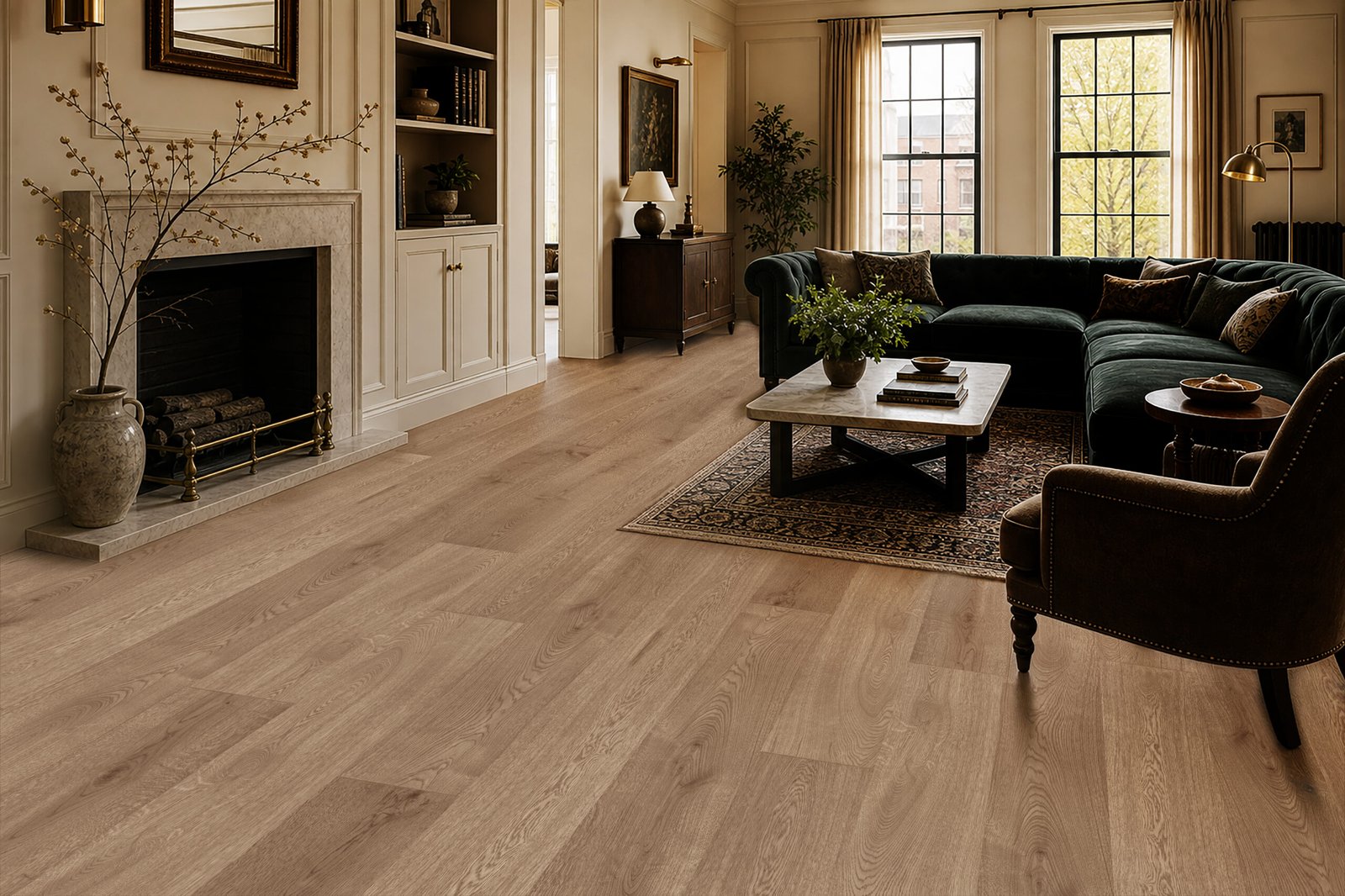 Auburn brown oak flooring in a living room with a dark green sofa, patterned rug, and fireplace
