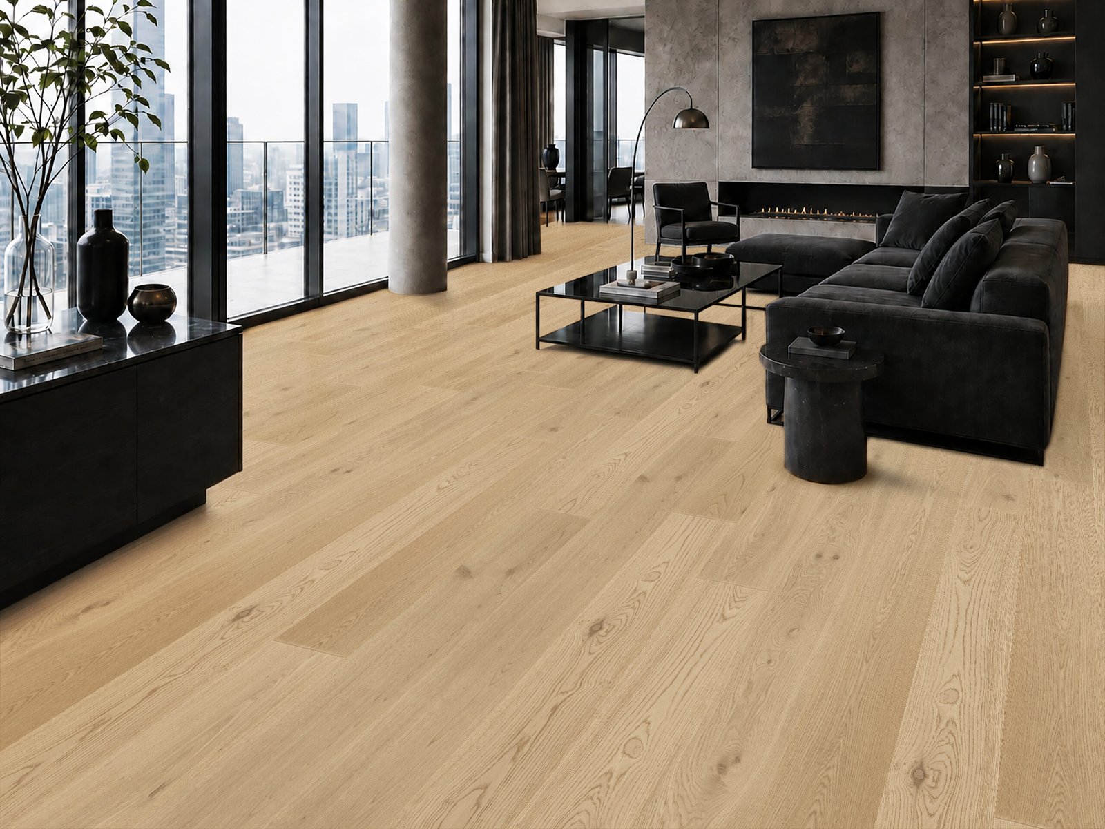 Laguna light natural oak flooring in a modern living room with dark furniture and floor-to-ceiling windows